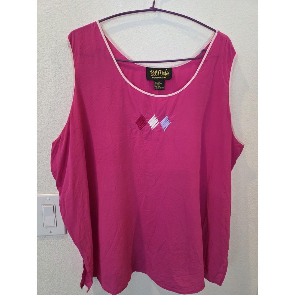 VTG Bob Mackie Wearable Art 100%Silk Tank Sz 2X Pink Preppy Artsy Natural Fiber